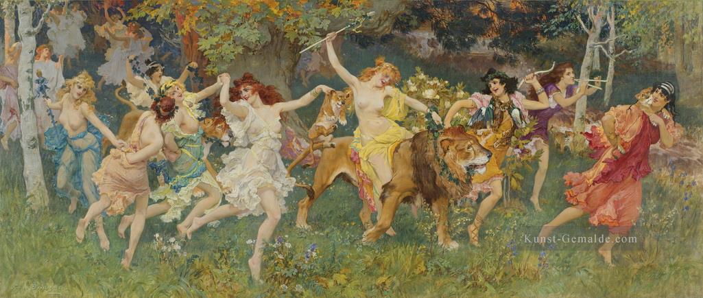 dancing fairies on lion in forest girls woman beauty Frederick Arthur Bridgman Ölgemälde